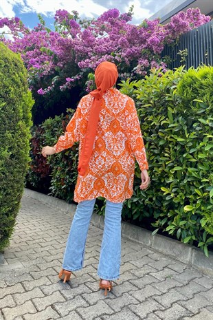 Çiçek Desenli Düğmeli Tunik Turuncu