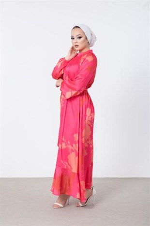 Çiçek Desenli Saten Elbise Pembe