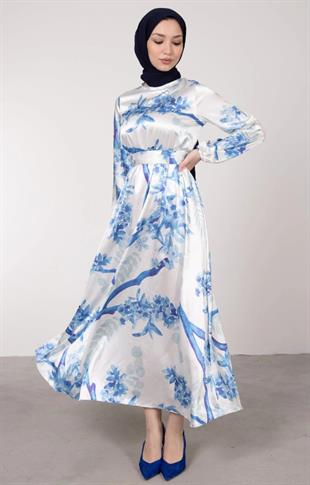 Çiçek Desenli Saten Tesettür Elbise Mavi