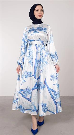 Çiçek Desenli Saten Tesettür Elbise Mavi