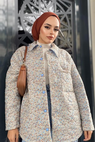 Çiçekli Kapitonelı Mont Krem