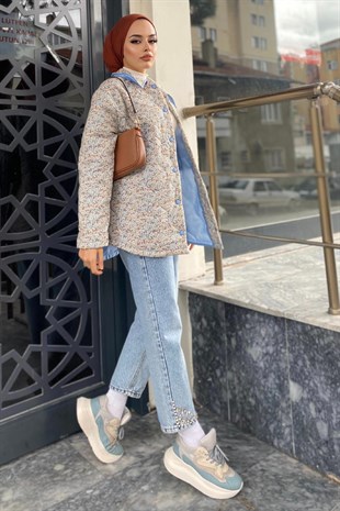 Çiçekli Kapitonelı Mont Krem