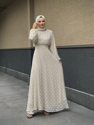 Çiçel İşlemeli Beli Kemerli Elbise Bej