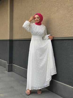 Çiçel İşlemeli Beli Kemerli Elbise Beyaz