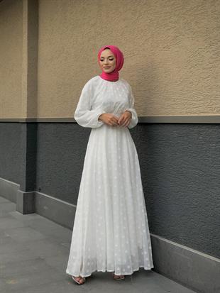 Çiçel İşlemeli Beli Kemerli Elbise Beyaz