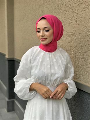 Çiçel İşlemeli Beli Kemerli Elbise Beyaz