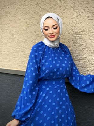 Çiçel İşlemeli Beli Kemerli Elbise Saks