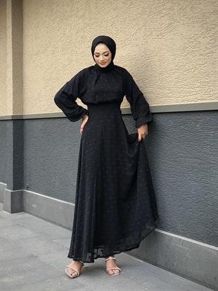 Çiçel İşlemeli Beli Kemerli Elbise Siyah