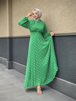 Çiçel İşlemeli Beli Kemerli Elbise Yeşil