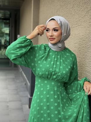 Çiçel İşlemeli Beli Kemerli Elbise Yeşil