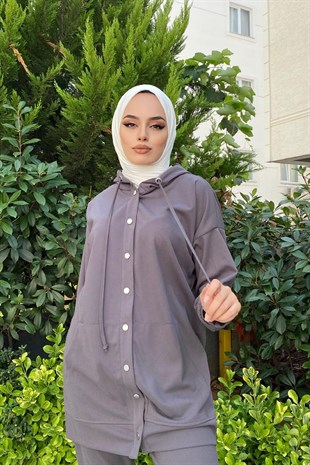 Çıtçıtlı Kapşonlu Pantolonlu Takım Gri