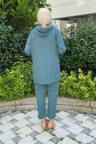 Çıtçıtlı Kapşonlu Pantolonlu Takım Mint