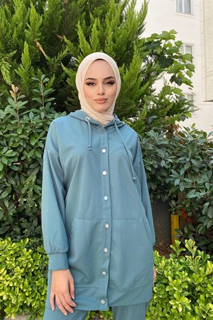 Çıtçıtlı Kapşonlu Pantolonlu Takım Mint