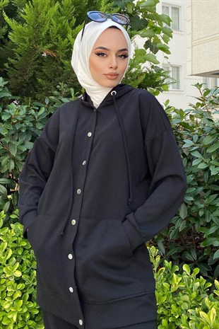 Çıtçıtlı Kapşonlu Pantolonlu Takım Siyah