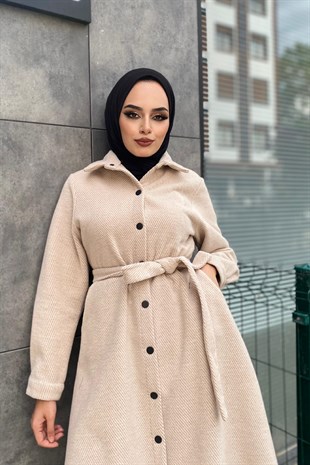 Çizgili Boydan Çıtçıtlı Kaşe Kaban Bej