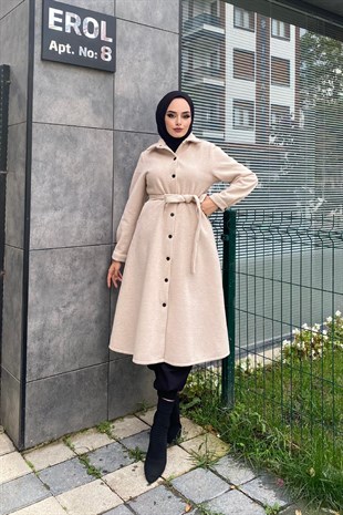 Çizgili Boydan Çıtçıtlı Kaşe Kaban Bej