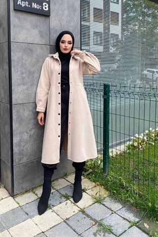 Çizgili Boydan Çıtçıtlı Kaşe Kaban Bej