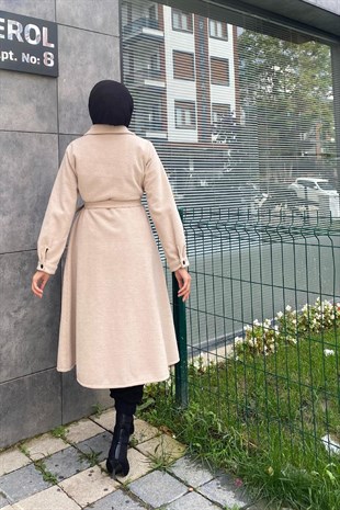 Çizgili Boydan Çıtçıtlı Kaşe Kaban Bej