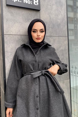 Çizgili Boydan Çıtçıtlı Kaşe Kaban Füme