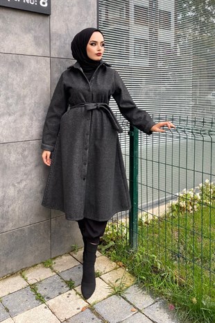 Çizgili Boydan Çıtçıtlı Kaşe Kaban Füme