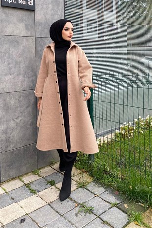 Çizgili Boydan Çıtçıtlı Kaşe Kaban SütlüKahve