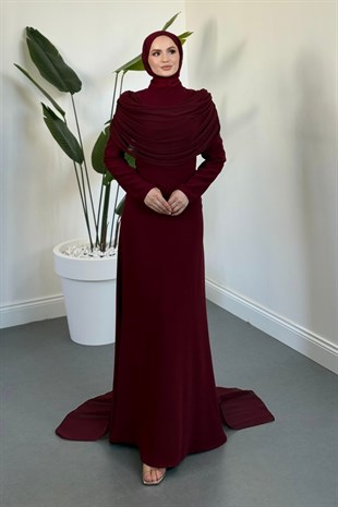 Clarette Degaje Yaka Pelerinli Balık Abiye Bordo