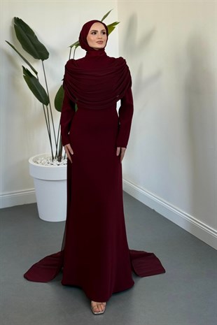 Clarette Degaje Yaka Pelerinli Balık Abiye Bordo