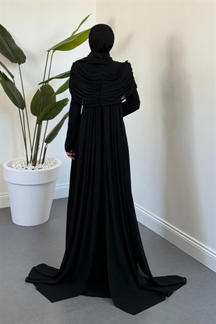 Clarette Degaje Yaka Pelerinli Balık Abiye Siyah