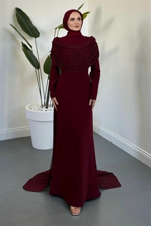 Clarette Degaje Yaka Pelerinli Balık Abiye Bordo