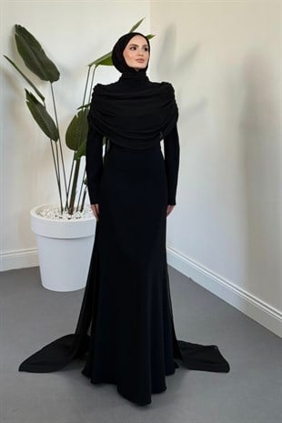 Clarette Degaje Yaka Pelerinli Balık Abiye Siyah