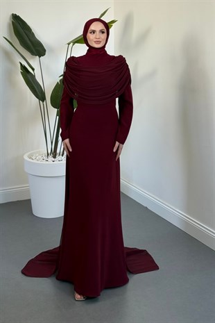 Clarette Degaje Yaka Pelerinli Balık Abiye Bordo