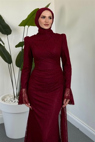 Claris Yandan Pelerinli Dantel Abiye Bordo