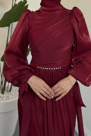 Cleane Beli Taşlı Ja Jan Abiye Bordo