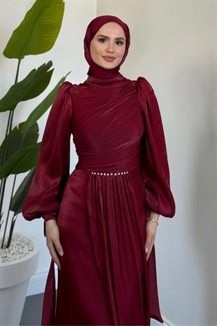 Cleane Beli Taşlı Ja Jan Abiye Bordo