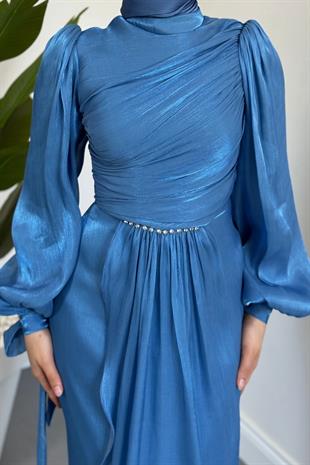 Cleane Beli Taşlı Ja Jan Abiye Mavi