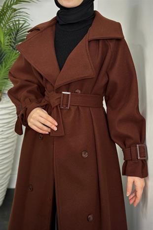 Clover Oversize Astarlı Kaşe Kaban Kahverengi