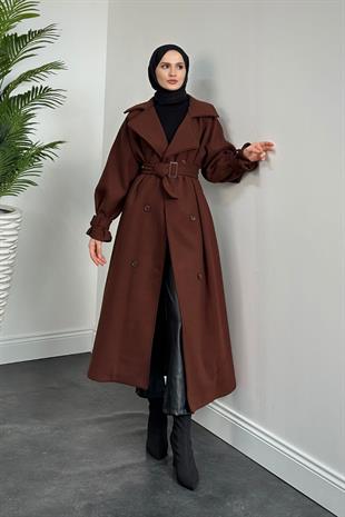 Clover Oversize Astarlı Kaşe Kaban Kahverengi