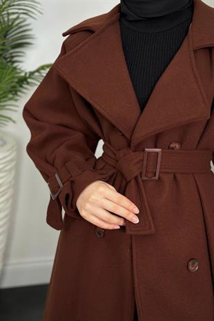 Clover Oversize Astarlı Kaşe Kaban Kahverengi