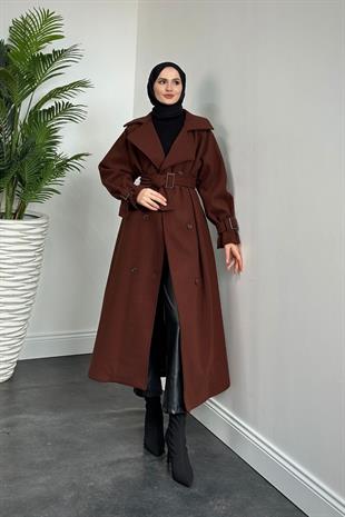 Clover Oversize Astarlı Kaşe Kaban Kahverengi