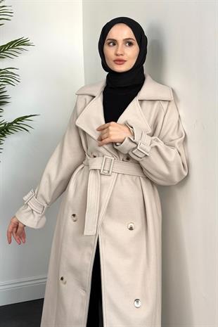 Clover Oversize Astarlı Kaşe Kaban Krem