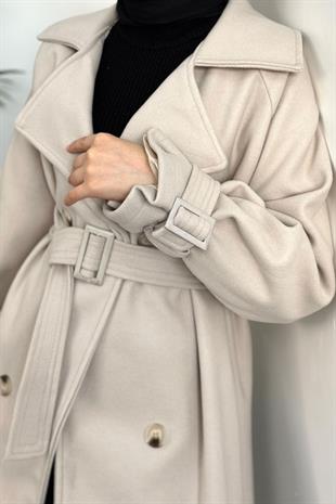 Clover Oversize Astarlı Kaşe Kaban Krem