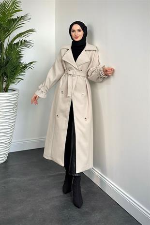 Clover Oversize Astarlı Kaşe Kaban Krem