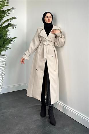 Clover Oversize Astarlı Kaşe Kaban Krem