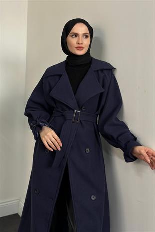 Clover Oversize Astarlı Kaşe Kaban Lacivert