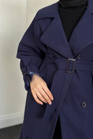 Clover Oversize Astarlı Kaşe Kaban Lacivert