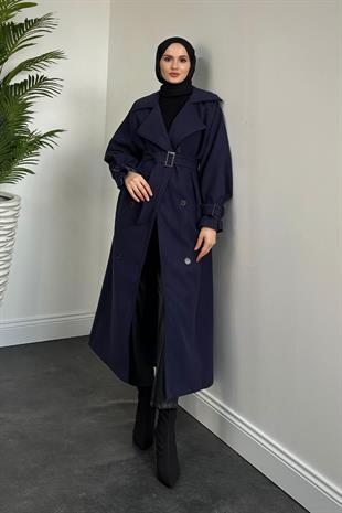 Clover Oversize Astarlı Kaşe Kaban Lacivert