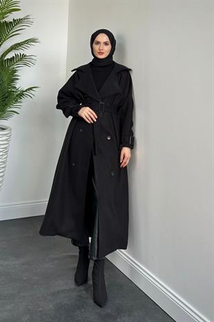 Clover Oversize Astarlı Kaşe Kaban Siyah