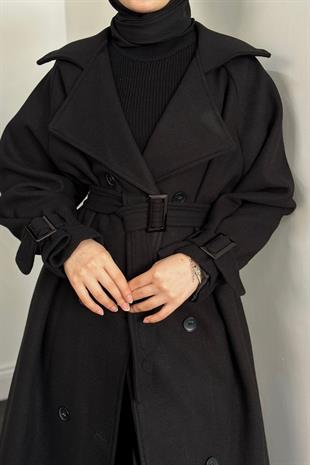 Clover Oversize Astarlı Kaşe Kaban Siyah