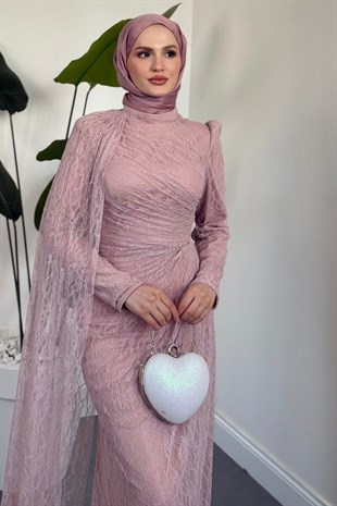 Colettea Yandan Pelerinli Dantel Abiye Pudra