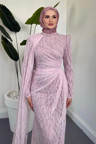 Colettea Yandan Pelerinli Dantel Abiye Şeker Pembesi